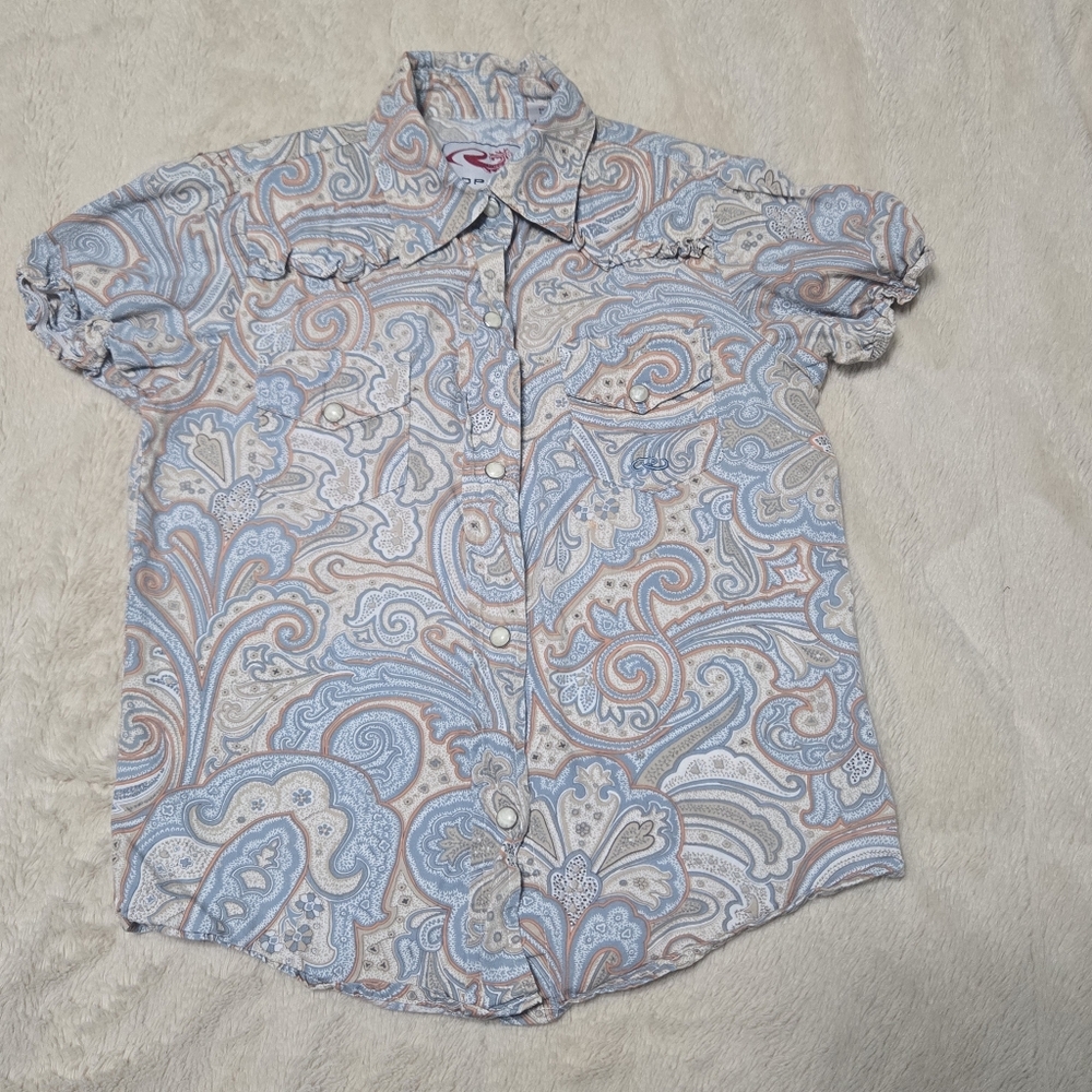 Roper Western Shirt pearl paisley print Blue Girl's Size S 6-6x